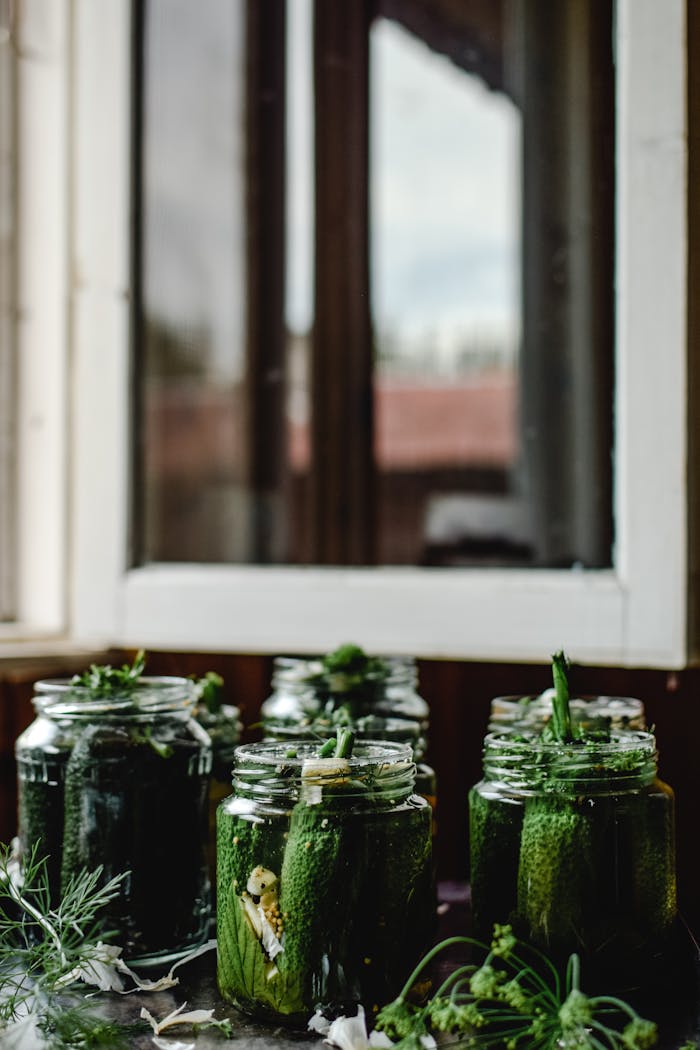 Fresh cucumbers pickling in glass jars on a wooden surface by a window, showcasing homemade preservation.